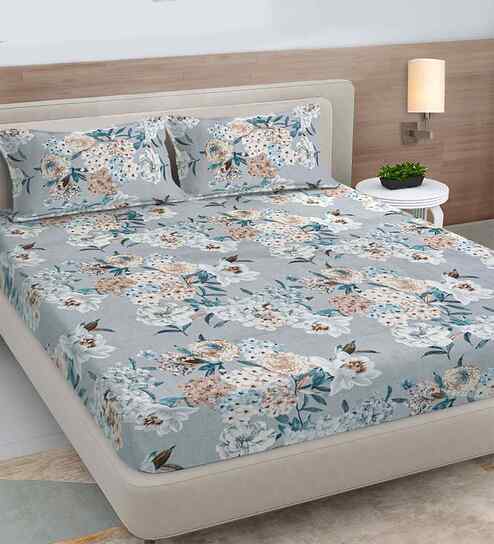 fabinaliv Grey Floral 300 TC Cotton Blend King Size Fitted Double Bedsheet with 2 Pillow Covers-picture-20