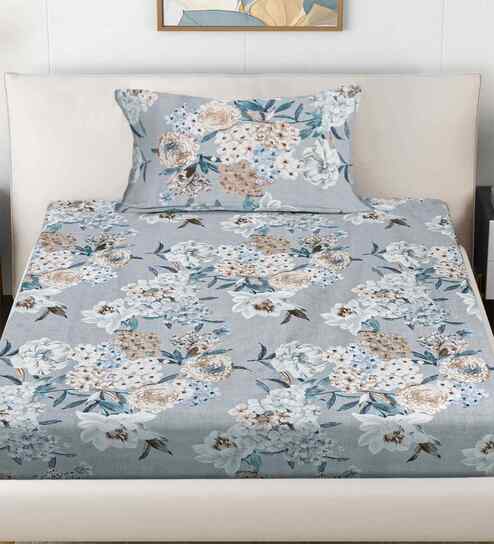 Grey Floral 300 TC Cotton Blend Single Bedsheet with 1 Pillow Cover