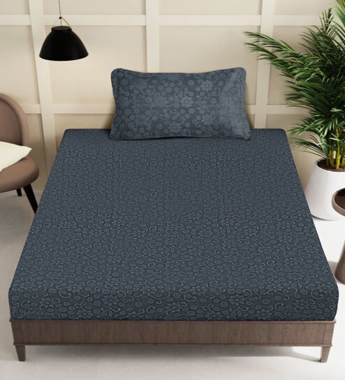 Grey Floral 300 TC Woollen Single Bedsheet with Pillow Cover