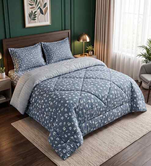 Grey Floral 4 Pcs Comforter Set With Queen Size Bedsheet With 2 Pillow Covers-image-2