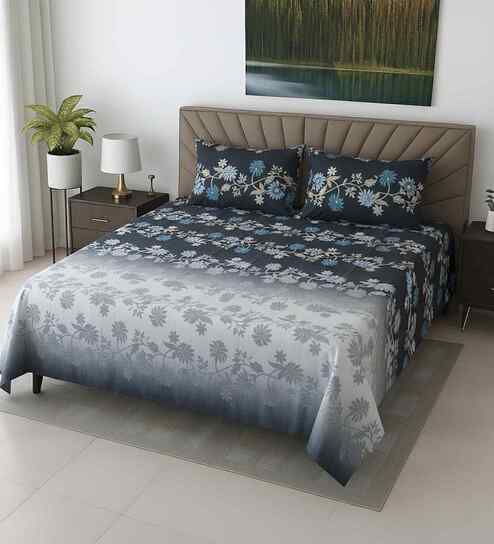 Grey Floral 400 TC Cotton Flat Super King Size Bedsheet with 2 Pilllow covers Luxury Series Collection