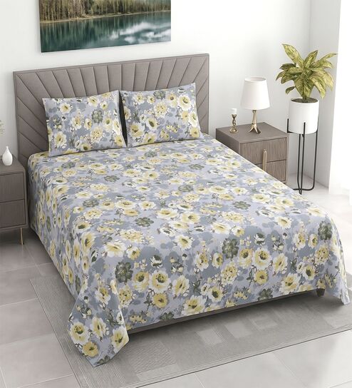 Grey Floral 400 TC Cotton Superking Size Bedsheet With 2 Pillow Covers Threads Nature Collection
