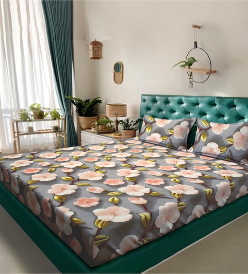 Grey Floral 7D King Size Cotton Blend Double Bedsheet with 2 Pillow Covers