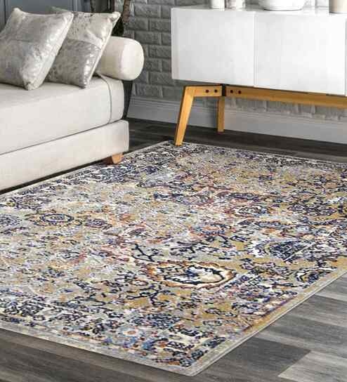 Grey Floral Polyester 5x8 Feet Machine Made Carpet