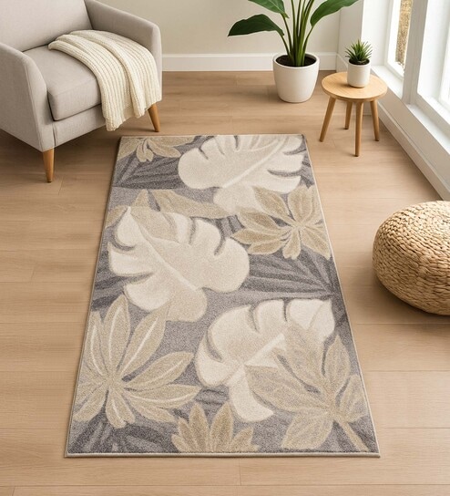 Grey Floral Polypropylene 5 ft x 2.5 ft Machine Made Runner