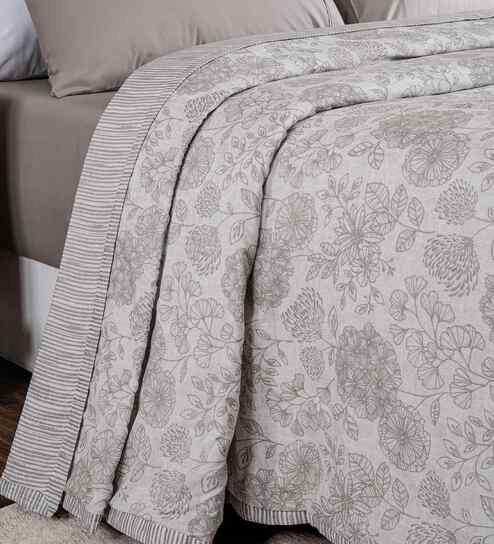 Grey Floral Print Cotton Double Bed Dohar