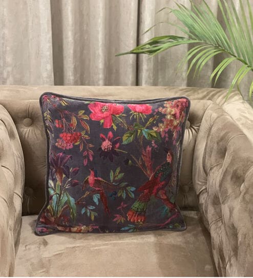 Grey Floral Velvet & Cotton 16 x 16 Inches Cushion Cover