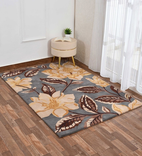 Grey Floral Wool 3 ft x 5 ft Hand Tufted Carpet