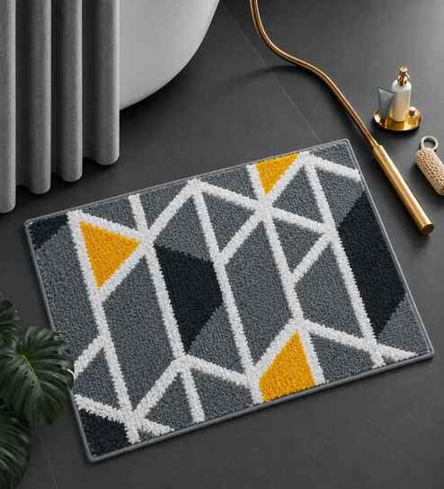 Grey Geomatric Microfibre 24X16 Inches Anti-Skid Bath Mat