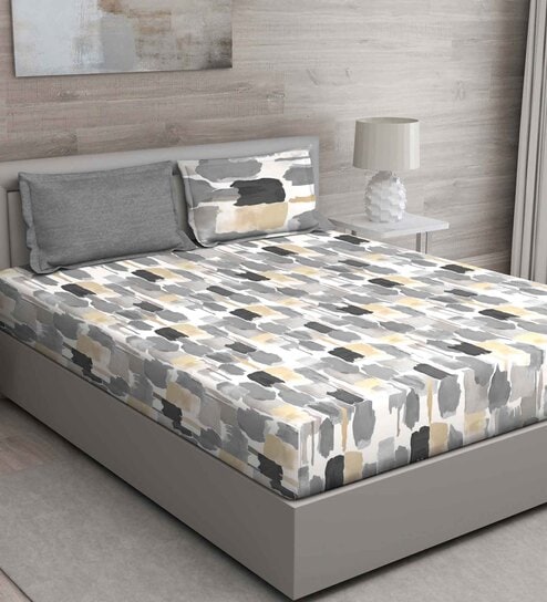 Grey Geometric 144 TC Cotton King Sized Bed Sheets with 2 Pillow Covers by GM Fabrics