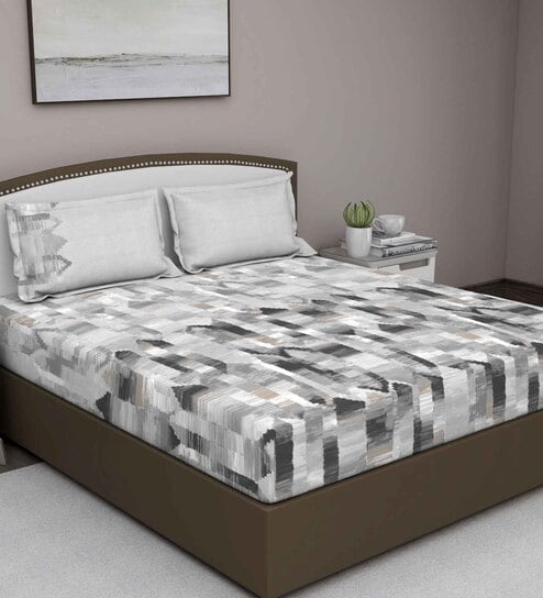 Grey Abstract 180 TC Cotton King Sized Bed Sheets with 2 Pillow Covers by GM Fabrics