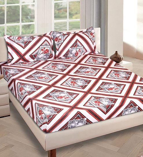 Grey Geometric 186 TC Glace Cotton King Sized Double Bedsheet with 2 Pillow Covers