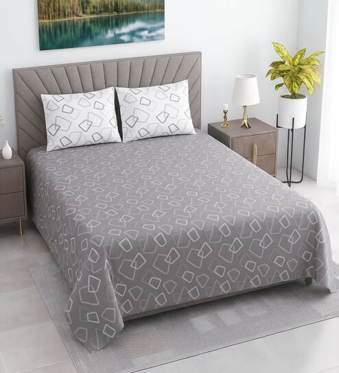Grey Geometric 400 TC Cotton Queen Size Flat Bedsheet With 2 Pillow Covers