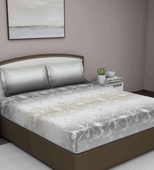 Grey Abstract 400 TC Cotton Queen Sized Bed Sheets with 2 Pillow Covers by GM Fabrics