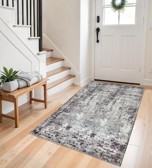 Grey Abstract Nylon 3 X 5 Feet Machine Made Carpet