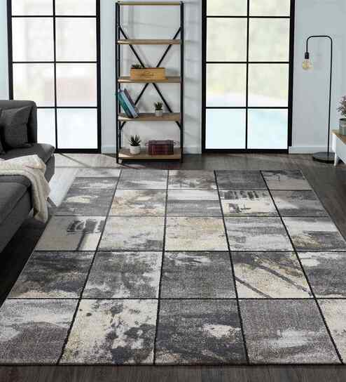 Grey Geometric Polypropylene 5x8 Feet Machine Made Carpet