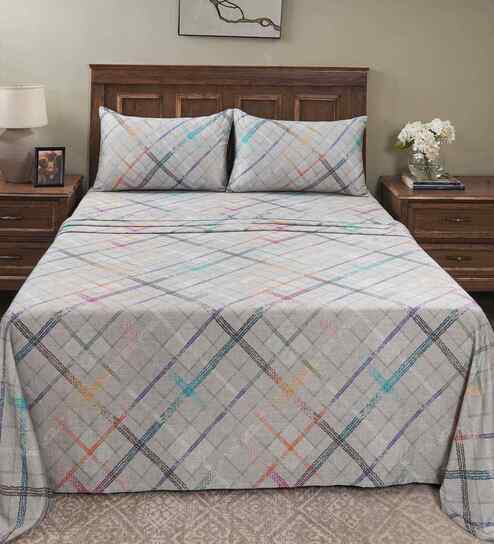 Grey Geometric Print 200 TC Cotton Double Bed Sheet with 2 Pillow Covers Eclectic Geo Collection