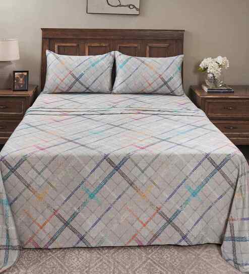 Grey Geometric Print 200 TC Cotton King Size Bed Sheet with 2 Pillow Covers Eclectic Geo Collection