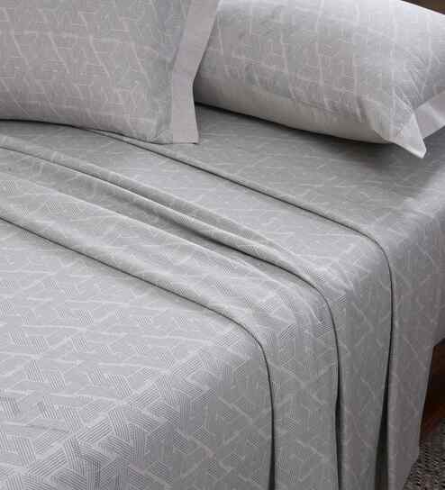 Grey Geometric Print 300 TC Cotton King Size Bed Sheet with 2 Pillow Covers 24 Collection