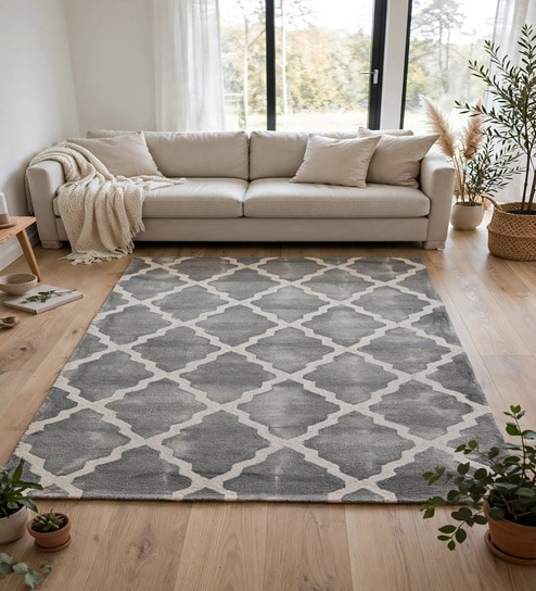 Grey Geometric Wool And Cotton 7 X 5 Feet Hand Tufted Carpet