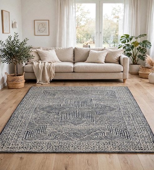 Grey Geometric Wool And Cotton 8 X 5 Feet Hand Tufted Carpet