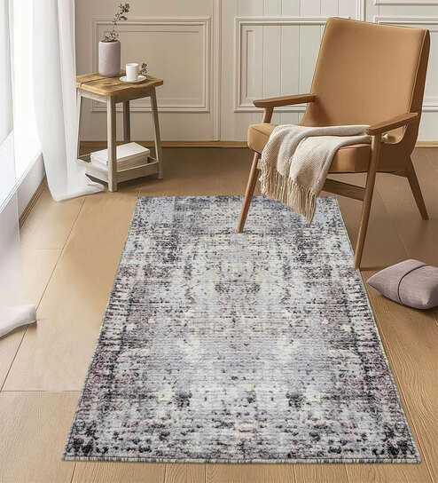 Grey Abstractal Microfiber 3 x 5 Feet Machine Made Carpet