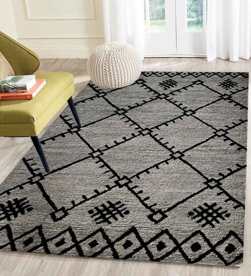 Grey Geometrical Wool 5 ft x 7 ft Hand Tufted Carpet