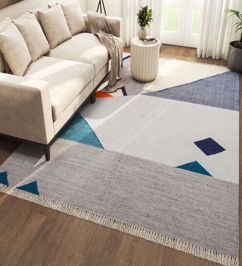 Grey Geometrical Wool 5 ft X 8 ft Rectangle Flat Weaves