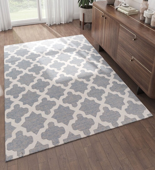 Grey Geometrical Wool 5 ft X 8 ft Flat Weaves