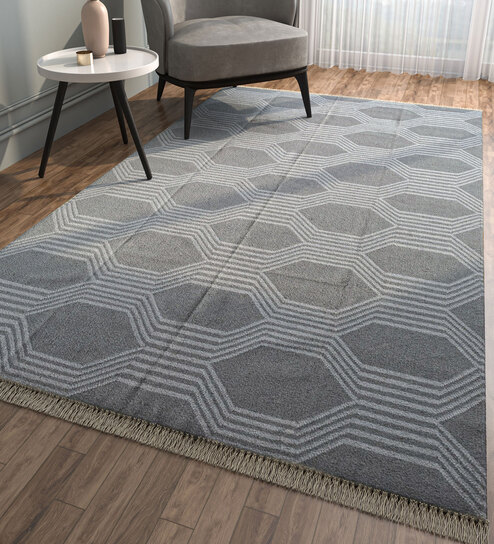 Grey Geometrical Wool 6 ft X 9 ft Rectangle Flat Weaves