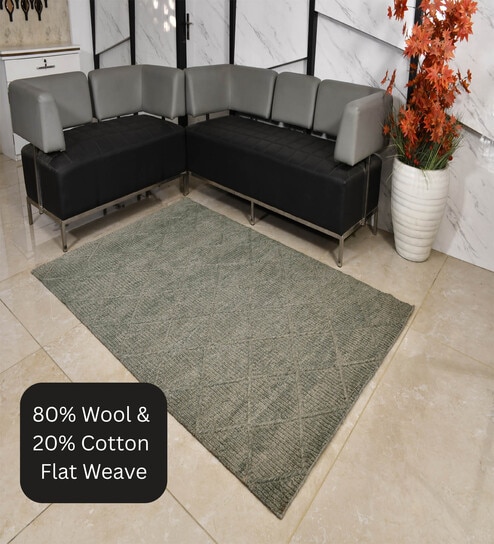 Grey Geometrical Wool 8X5 Feet Hand Woven Carpet-image-12