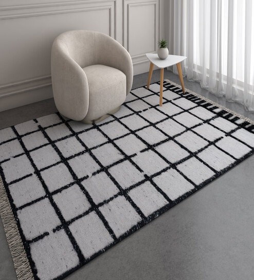 Grey Geometrical Wool and Viscose 5 ft X 8 ft Flat Weaves