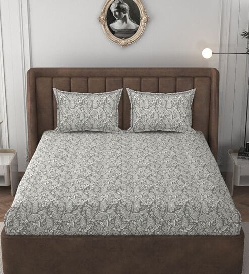 Grey Glace Cotton Paisley Print Elastic Fitted King Bedsheet With 2 Pillow Covers