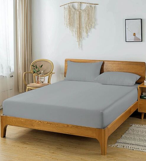 Grey Glace Cotton Solid Elastic Fitted King Bedsheet With 2 Pillow Covers