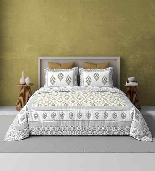Grey Jaipuri Blockprint 250 TC Pure Cotton King Sized Double Bedsheet with 2 Pillow Covers