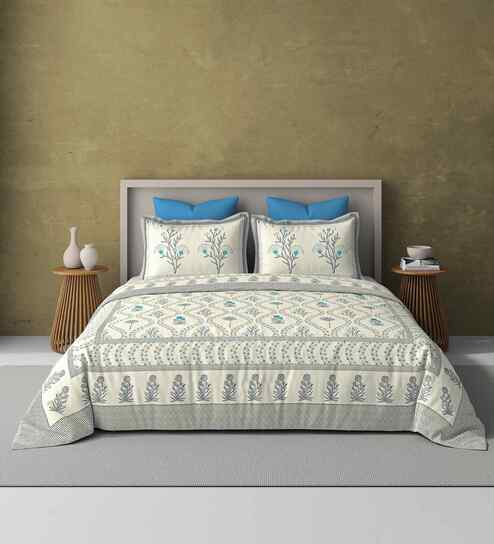 Grey Jaipuri Blockprint 250 TC Pure Cotton King Sized Double Bedsheet with 2 Pillow Covers
