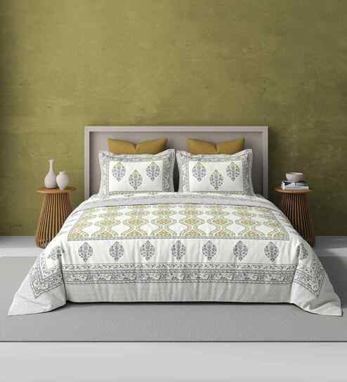 Grey Jaipuri Blockprint 250 TC Pure Cotton King Sized Double Bedsheet with 2 Pillow Covers