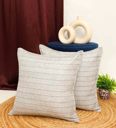 Grey Jute Stripes 16x16 inches  Regular Cushion Covers  (2Pcs)