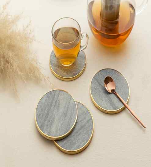 Grey Marble Brass Ring Coasters (Set Of 4)