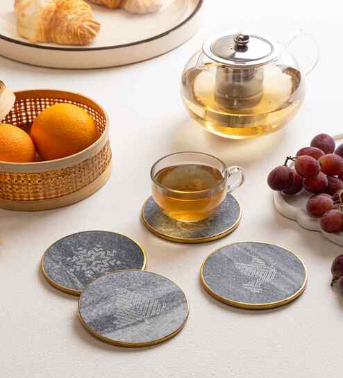 Grey Marble Coasters Brass Ring Christmas Theme (Set Of 4)