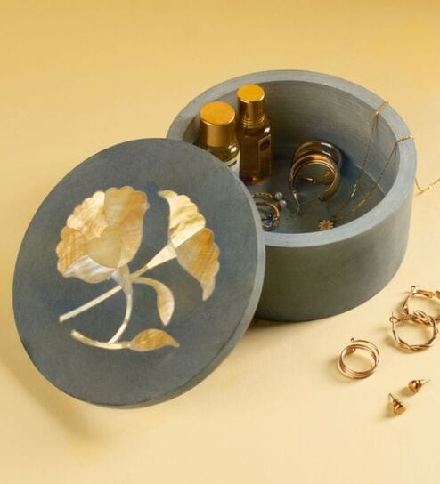 Grey Marble Mother Of Pearl Inlay Work Trinket Box