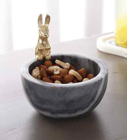Grey Marble Nut Candy Bowl Brass Bunny Embedded