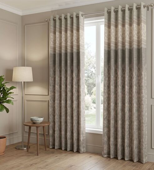 Grey Poly Cotton Floral 9Ft Light Filtering Eyelet Long Door Curtain