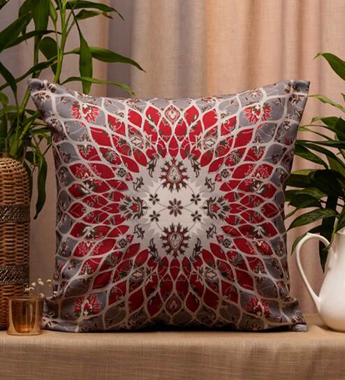 Red Traditional Poly canvas 20 x 20 Inches Cushion Cover by Zeba