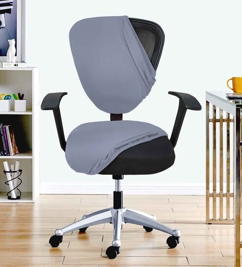 Grey Polycotton Solid 18 x 18 Inches Elastic Stretchable Office Chair Covers (2 Pcs - Seat and Back)