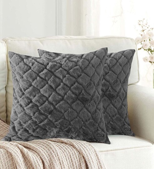 Grey Textured Polyester 16 x 16 Inches Cushion Covers (Set of 2) by Luxe Home International