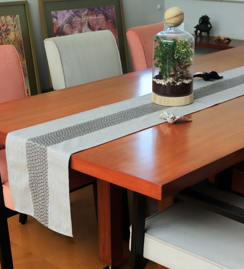 Embroidered Pattern (12x84) Grey Polyester Table Runner