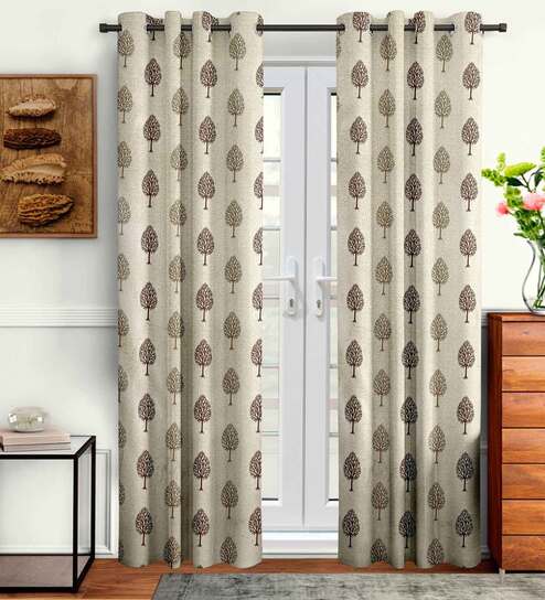 Beige Floral Polyester 7 Ft Semisheer Eyelet Door Curtains (Set of 2)