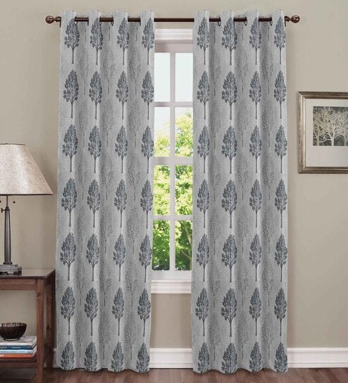 Grey Polyester Floral 7Ft Semisheer Eyelet Door Curtain (1 Pc)