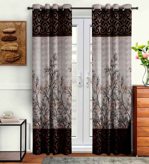 Brown Floral Polyester 7 Ft Semisheer Eyelet Door Curtains (Set of 2)